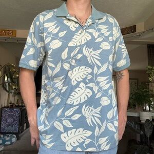 Cherokee Blue and White Leaf Print Polo Shirt